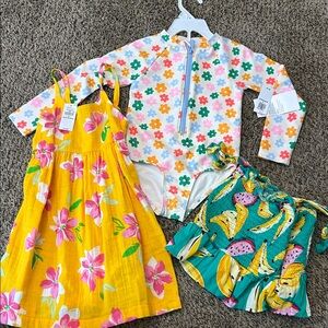 NWT Old Navy 3T Trio girls Bathing suit, Floral Yellow dress and Teal Fruit top